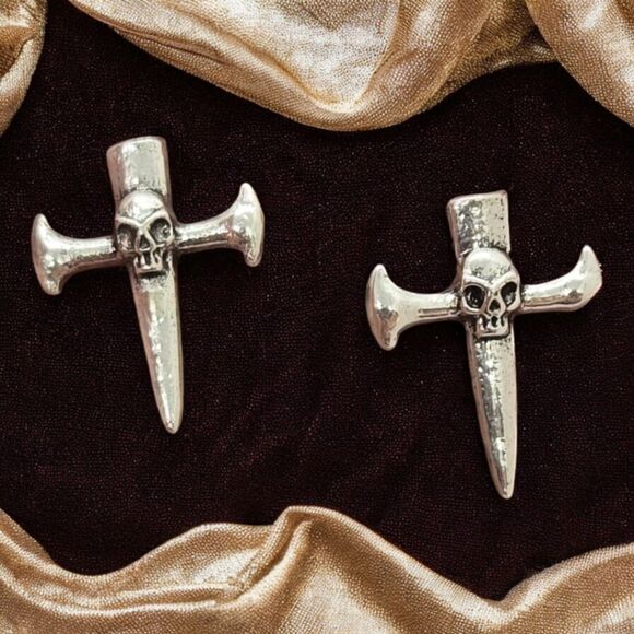 Gothic Sword Cross Skull Stud Earrings Dagger Medieval Gothic Silver Pierced Ear - Picture 1 of 6